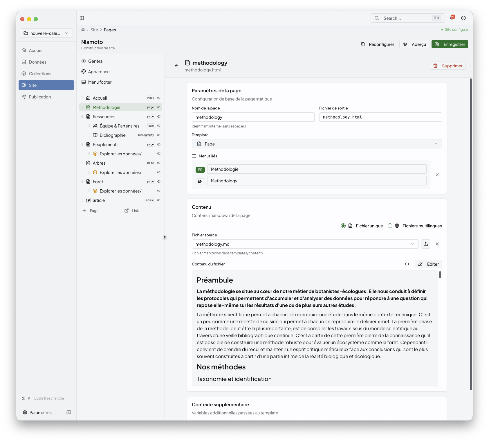 Methodology page in the Site Builder